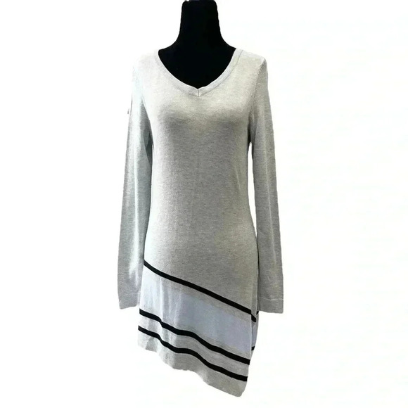 Ricki's Sweaters - Ricki’s Grey V Neck Sweater Asymmetrical Hem Blue Black Stripes XS
